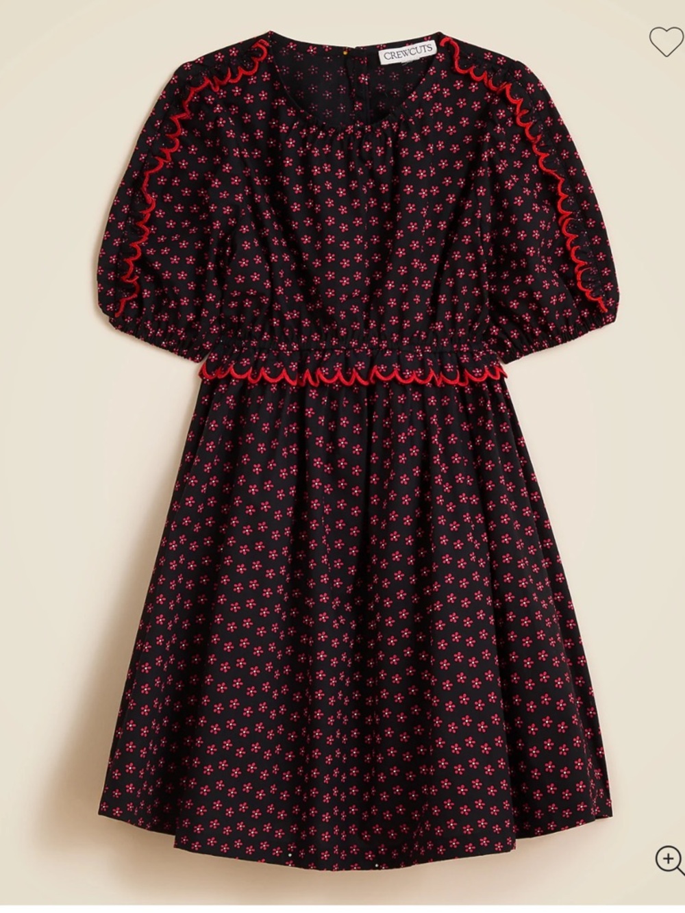 J. Crew Girls Puff Sleeve Black Red Floral Scallop Trim Dress Size 12